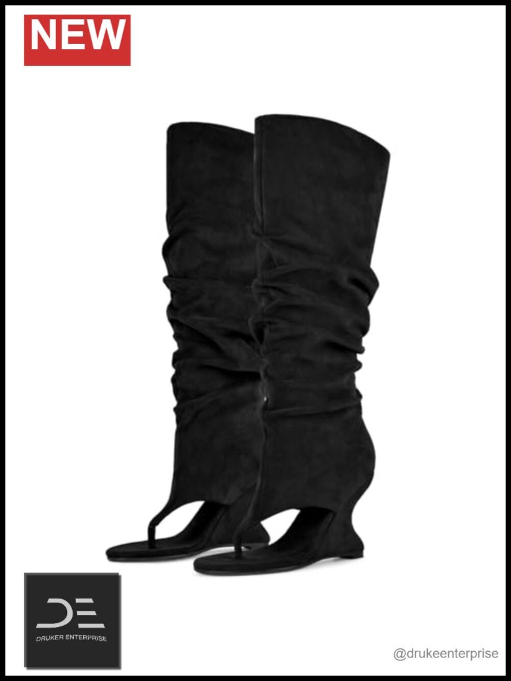 Slouchy Knee High Wedge Boots Open Toe Thong Heels Faux Suede